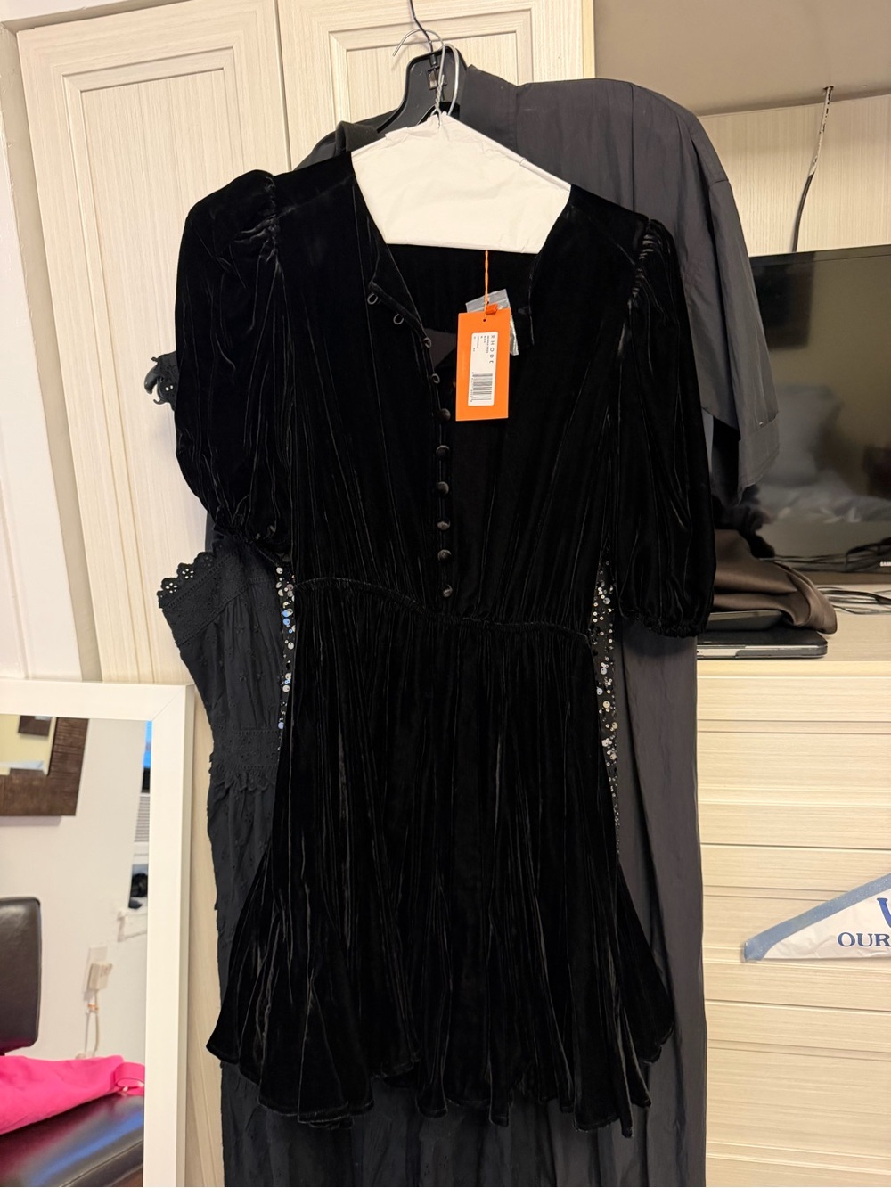 RHODE Black Velvet Button-Front Mini Dress